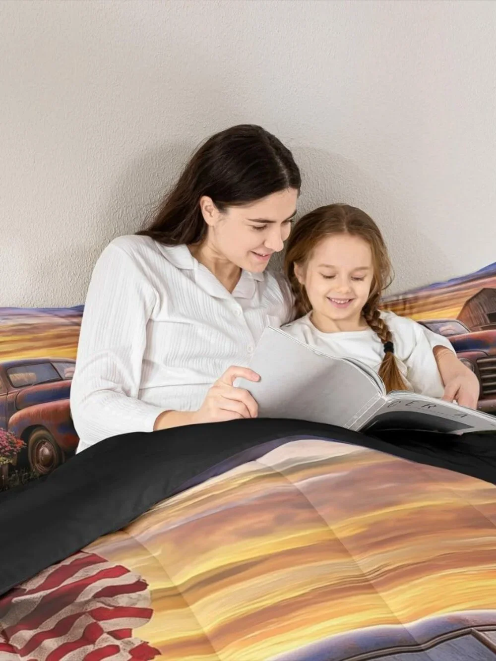 Vintage Truck Kids Comforter Queen,Village Barn Cabin Style Bedding Set for Teen